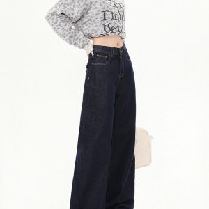 High-Waisted Retro Deep Blue Women's Jeans - Fleece Lined, Loose Wide-Leg Straight Pants for Autumn & Winter 2024