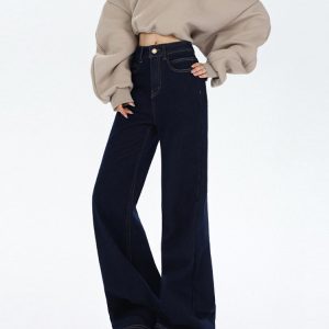 High-Waisted Retro Denim Wide-Leg Jeans for Women, Fleece-Lined Casual Pants, Autumn Winter Style, Perfect for Petite Figures