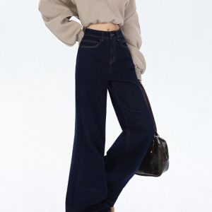 High-Waisted Retro Denim Wide-Leg Jeans for Women, Fleece-Lined Casual Pants, Autumn Winter Style, Perfect for Petite Figures