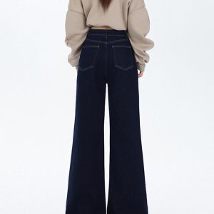 High-Waisted Retro Denim Wide-Leg Jeans for Women, Fleece-Lined Casual Pants, Autumn Winter Style, Perfect for Petite Figures