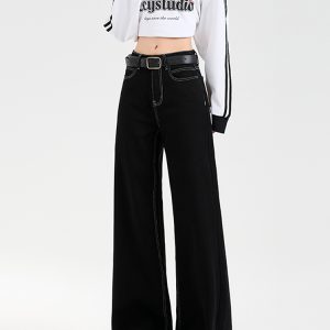 High-Waisted Retro Denim Wide-Leg Jeans for Women, Fleece-Lined Casual Pants, Autumn Winter Style, Perfect for Petite Figures