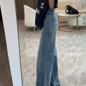 High-Waisted Retro Flared Jeans for Women, Fleece-Lined Loose Wide-Leg Pants, Slimming Floor-Length Design, Autumn Winter 2024 Fashion