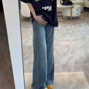 High-Waisted Retro Flared Jeans for Women, Fleece-Lined Loose Wide-Leg Pants, Slimming Floor-Length Design, Autumn Winter 2024 Fashion