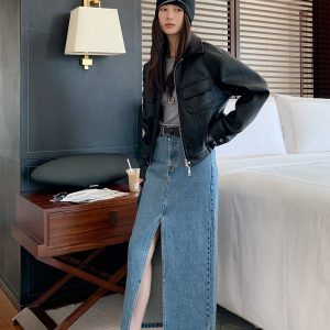 High-Waisted Retro Front-Slit Denim Skirt - Versatile Mid-Length Slimming Style for 2023 Fashion Trends