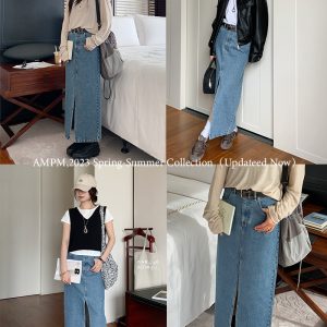 High-Waisted Retro Front-Slit Denim Skirt - Versatile Mid-Length Slimming Style for 2023 Fashion Trends