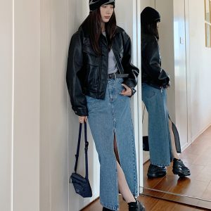 High-Waisted Retro Front-Slit Denim Skirt - Versatile Mid-Length Slimming Style for 2023 Fashion Trends