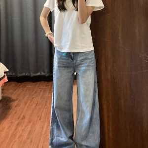 High-Waisted Retro Light Blue Wide-Leg Jeans for Women - Summer Loose Fit Straight-Leg Floor-Length Pants, Versatile and Slimming Style