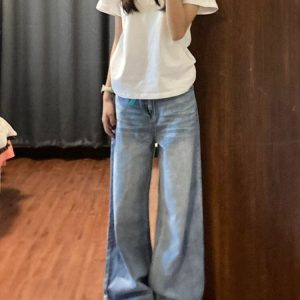 High-Waisted Retro Light Blue Wide-Leg Jeans for Women - Summer Loose Fit Straight-Leg Floor-Length Pants, Versatile and Slimming Style