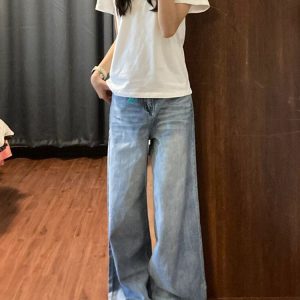 High-Waisted Retro Light Blue Wide-Leg Jeans for Women - Summer Loose Fit Straight-Leg Floor-Length Pants, Versatile and Slimming Style