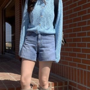 High-Waisted Retro Washed Blue Distressed Denim Shorts - Versatile Korean Style Fashion for a Chic Summer Look