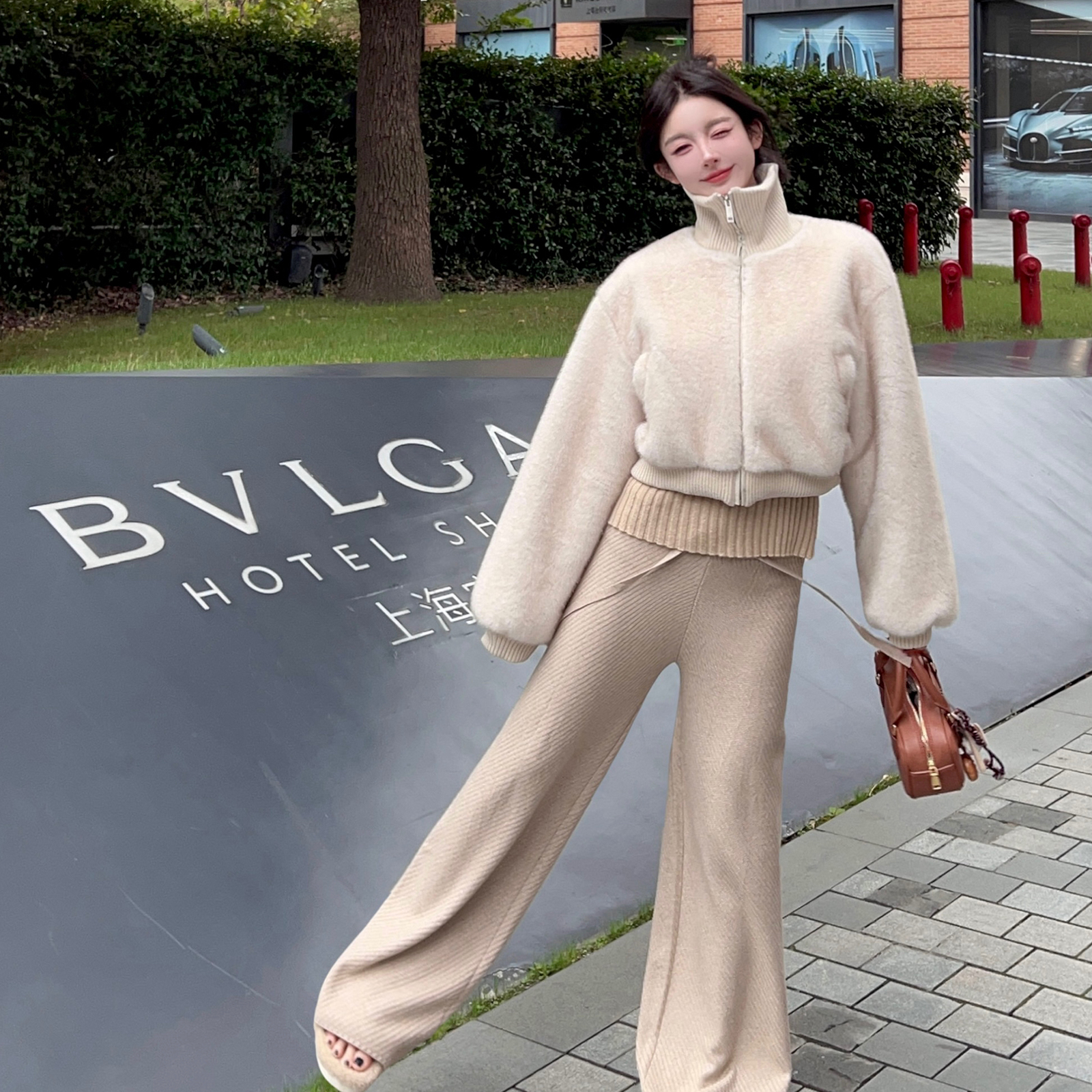 High-Waisted Ribbed Wide-Leg Pants in Almond Color - Casual Knitted Trousers for Women - Trendy Winter Fashion
