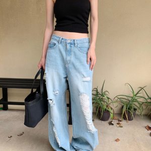 High-Waisted Ripped Straight-Leg Jeans - Korean Style, 90s-Inspired Casual Denim Trousers for Effortless Chic