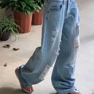 High-Waisted Ripped Straight-Leg Jeans - Korean Style, 90s-Inspired Casual Denim Trousers for Effortless Chic