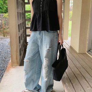 High-Waisted Ripped Straight-Leg Jeans - Korean Style, 90s-Inspired Casual Denim Trousers for Effortless Chic