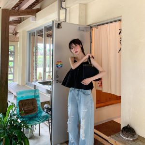 High-Waisted Ripped Straight-Leg Jeans - Korean Style, 90s-Inspired Casual Denim Trousers for Effortless Chic