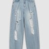 High-Waisted Ripped Straight-Leg Jeans - Korean Style, 90s-Inspired Casual Denim Trousers for Effortless Chic