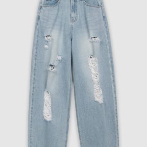 High-Waisted Ripped Straight-Leg Jeans - Korean Style, 90s-Inspired Casual Denim Trousers for Effortless Chic