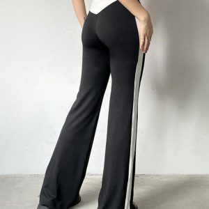 High-Waisted Slim-Fit Striped Color-Block Flared Pants for Women - Trendy American Style Street Casual Autumn Fashion