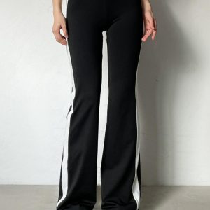 High-Waisted Slim-Fit Striped Color-Block Flared Pants for Women - Trendy American Style Street Casual Autumn Fashion