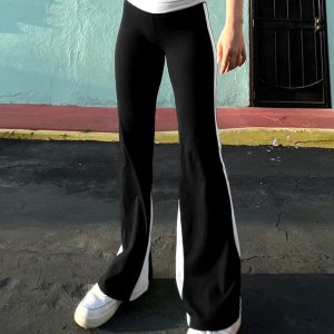 High-Waisted Slim-Fit Striped Color-Block Flared Pants for Women - Trendy American Style Street Casual Autumn Fashion