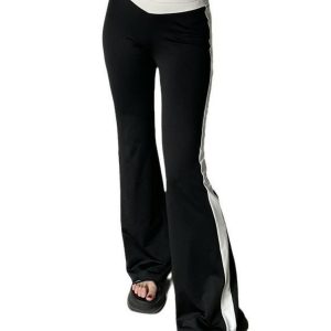 High-Waisted Slim-Fit Striped Color-Block Flared Pants for Women - Trendy American Style Street Casual Autumn Fashion