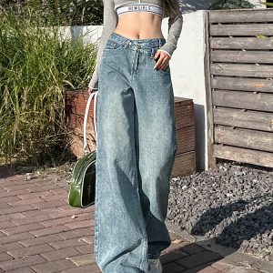 High-Waisted Slim Fit Vintage Straight-Leg Jeans for Women - 2025 Spring Collection, Floor-Length, Wide-Leg Style