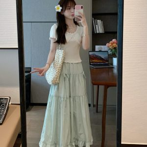 High-Waisted Slimming Mint Green Skirt with Wave Pattern - Summer Essential for All Body Types, Trendy and Stylish