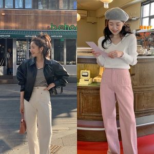 High-Waisted Straight Pants with Cute Pocket Design in Bubblegum Gray-Pink - Korean Style Fashion for a Trendy Look