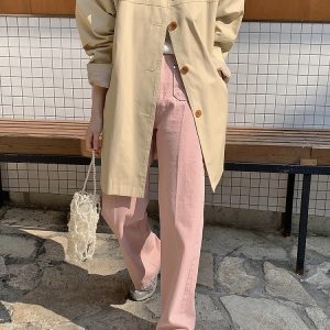 High-Waisted Straight Pants with Cute Pocket Design in Bubblegum Gray-Pink - Korean Style Fashion for a Trendy Look