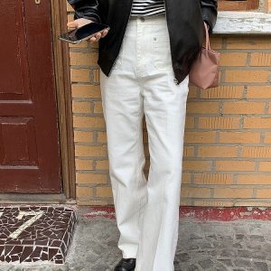 High-Waisted Straight Pants with Cute Pocket Design in Bubblegum Gray-Pink - Korean Style Fashion for a Trendy Look