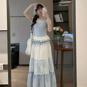 High-Waisted Sweet Gradient Spliced Cake Skirt - Slimming Mid-Length Design for Spring Summer Fashion
