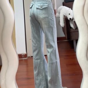 High-Waisted Textured Jacquard Flared Jeans for Women - 2025 Spring/Summer Light-Colored Bell-Bottoms, Slim Fit, Non-Cling Design