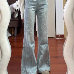 High-Waisted Textured Jacquard Flared Jeans for Women - 2025 Spring/Summer Light-Colored Bell-Bottoms, Slim Fit, Non-Cling Design