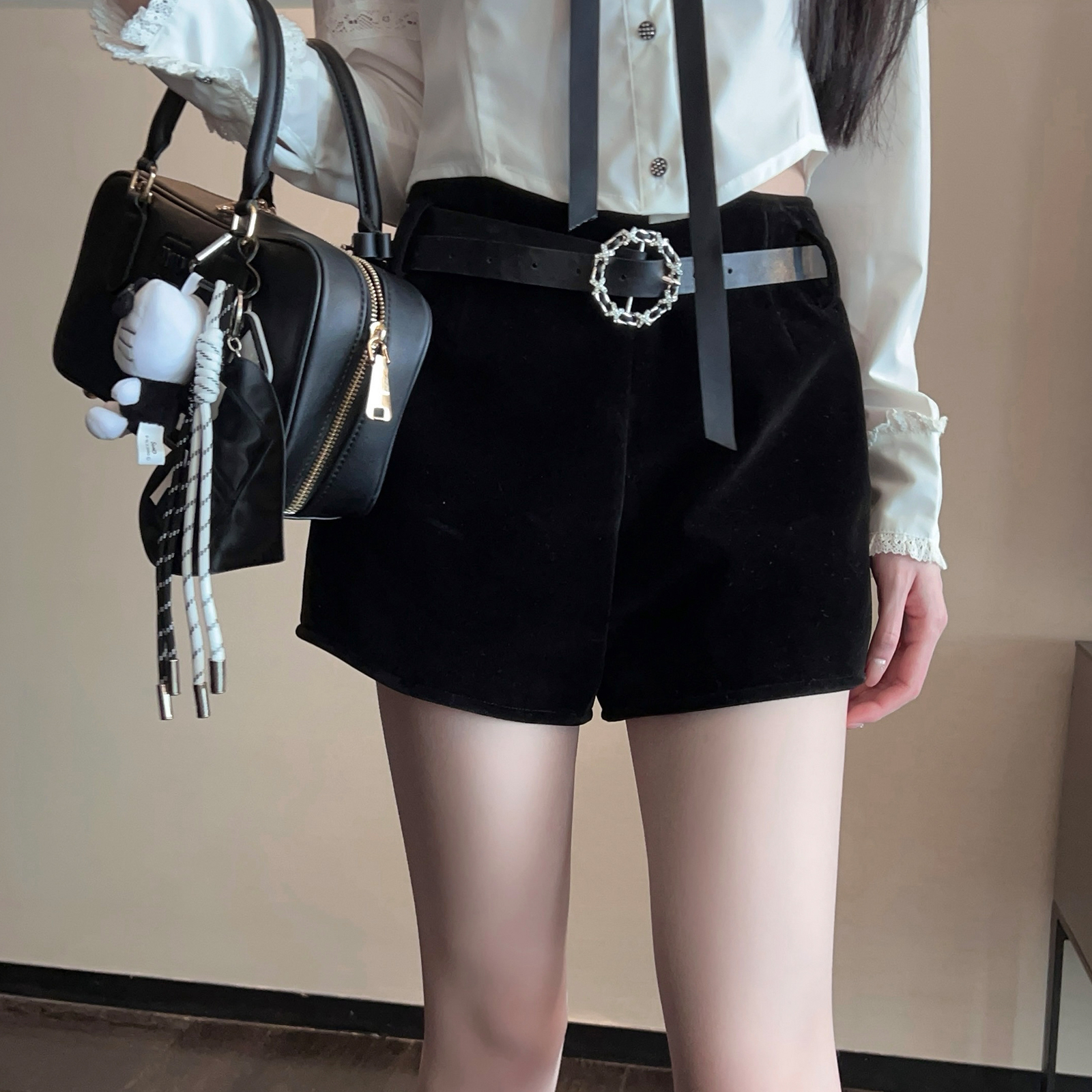 High-Waisted Velvet Black Shorts for Women, Versatile Slim-Fit Hot Pants with Belt, Winter Fashion Essential