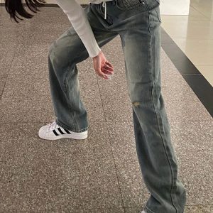 High-Waisted Vintage Distressed Wide-Leg Jeans for Women - Flattering Loose-Fitting Summer Style, Versatile Straight-Leg Pants