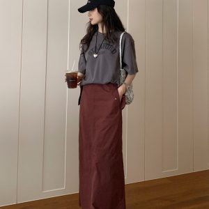 High-Waisted Vintage Midi Skirt for Women - Casual Summer Design with Split Hem, Perfect for Work and Everyday Style
