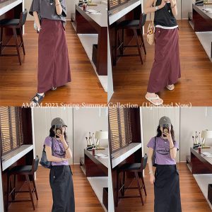 High-Waisted Vintage Midi Skirt for Women - Casual Summer Design with Split Hem, Perfect for Work and Everyday Style