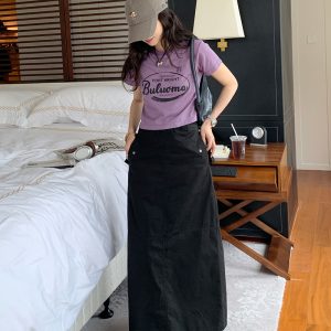 High-Waisted Vintage Midi Skirt for Women - Casual Summer Design with Split Hem, Perfect for Work and Everyday Style