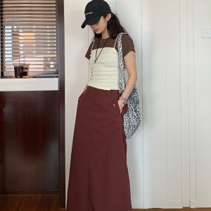High-Waisted Vintage Midi Skirt for Women - Casual Summer Design with Split Hem, Perfect for Work and Everyday Style