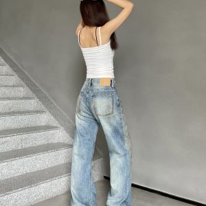 High-Waisted Vintage Straight-Leg Jeans for Women - Kylie-Style European American Fashion, Distressed Wash, Trendy Y2K Look