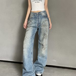 High-Waisted Vintage Straight-Leg Jeans for Women - Kylie-Style European American Fashion, Distressed Wash, Trendy Y2K Look