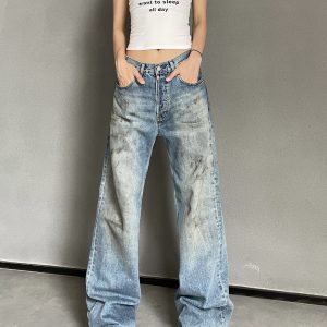 High-Waisted Vintage Straight-Leg Jeans for Women - Kylie-Style European American Fashion, Distressed Wash, Trendy Y2K Look
