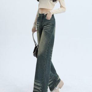High-Waisted Vintage Washed Wide-Leg Jeans for Women - 2025 Spring Collection, Slim-Fit Floor-Length Style