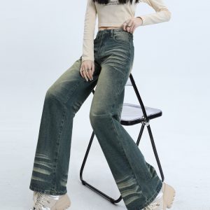 High-Waisted Vintage Washed Wide-Leg Jeans for Women - 2025 Spring Collection, Slim-Fit Floor-Length Style