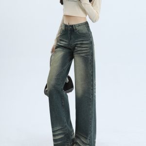 High-Waisted Vintage Washed Wide-Leg Jeans for Women - 2025 Spring Collection, Slim-Fit Floor-Length Style