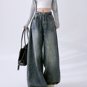 High-Waisted Vintage Washed Wide-Leg Jeans for Women, Slimming Draped Casual Pants, Spring Autumn Fashion 2025