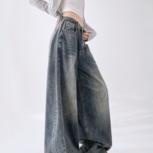 High-Waisted Vintage Washed Wide-Leg Jeans for Women, Slimming Draped Casual Pants, Spring Autumn Fashion 2025