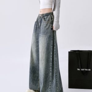 High-Waisted Vintage Washed Wide-Leg Jeans for Women, Slimming Draped Casual Pants, Spring Autumn Fashion 2025