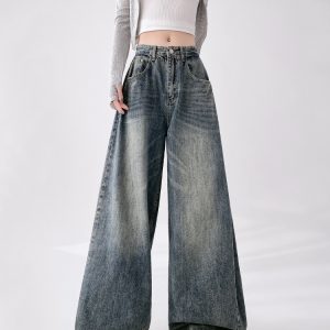 High-Waisted Vintage Washed Wide-Leg Jeans for Women, Slimming Draped Casual Pants, Spring Autumn Fashion 2025