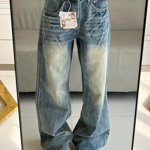 High-Waisted Water-Washed Lightning Pattern Wide-Leg Jeans for Women - Loose-Fitting Summer Fashion, Slimming Straight-Leg Style